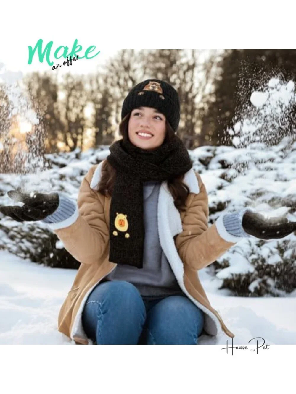 Knit Beanie Scarf Touchscreen Gloves 3 Piece Set Winter Warm
